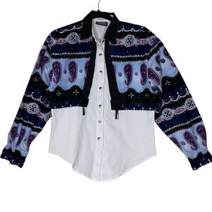 Vintage Roughrider Blouse Blue Paisley & White Button Up Size M Western/Country